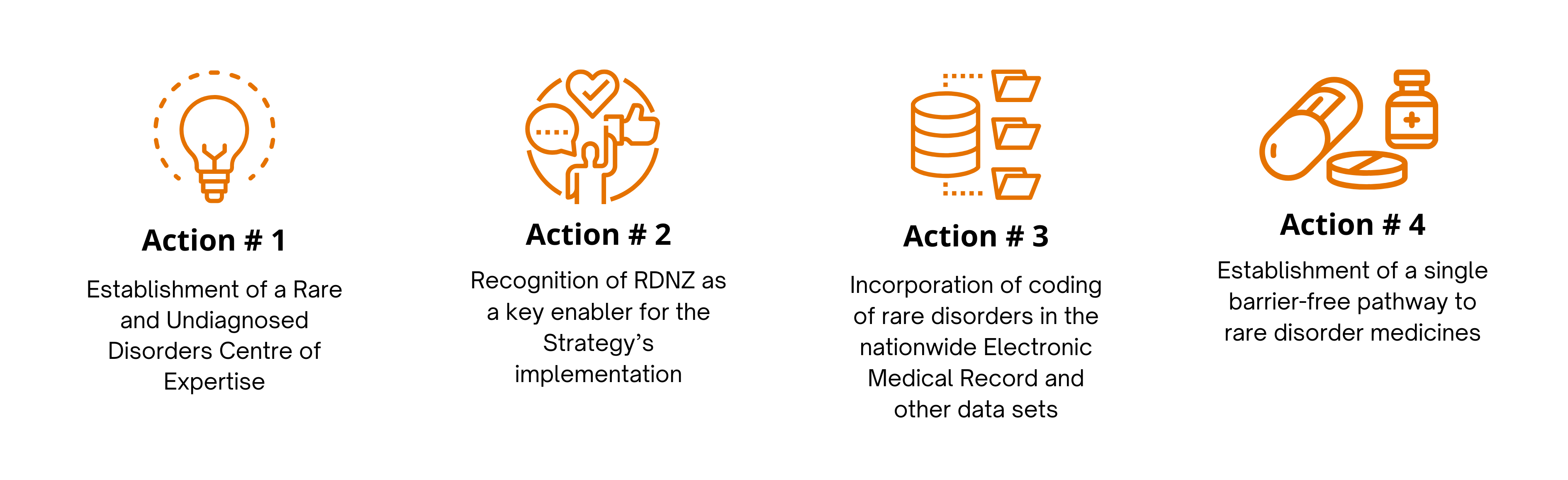 four actions RDNZ wanted in Strategy: Centre of Expertise, RDNZ as enabler of Strategy implementation, coding of rare disorders, barrier free pathway for rare medicines.