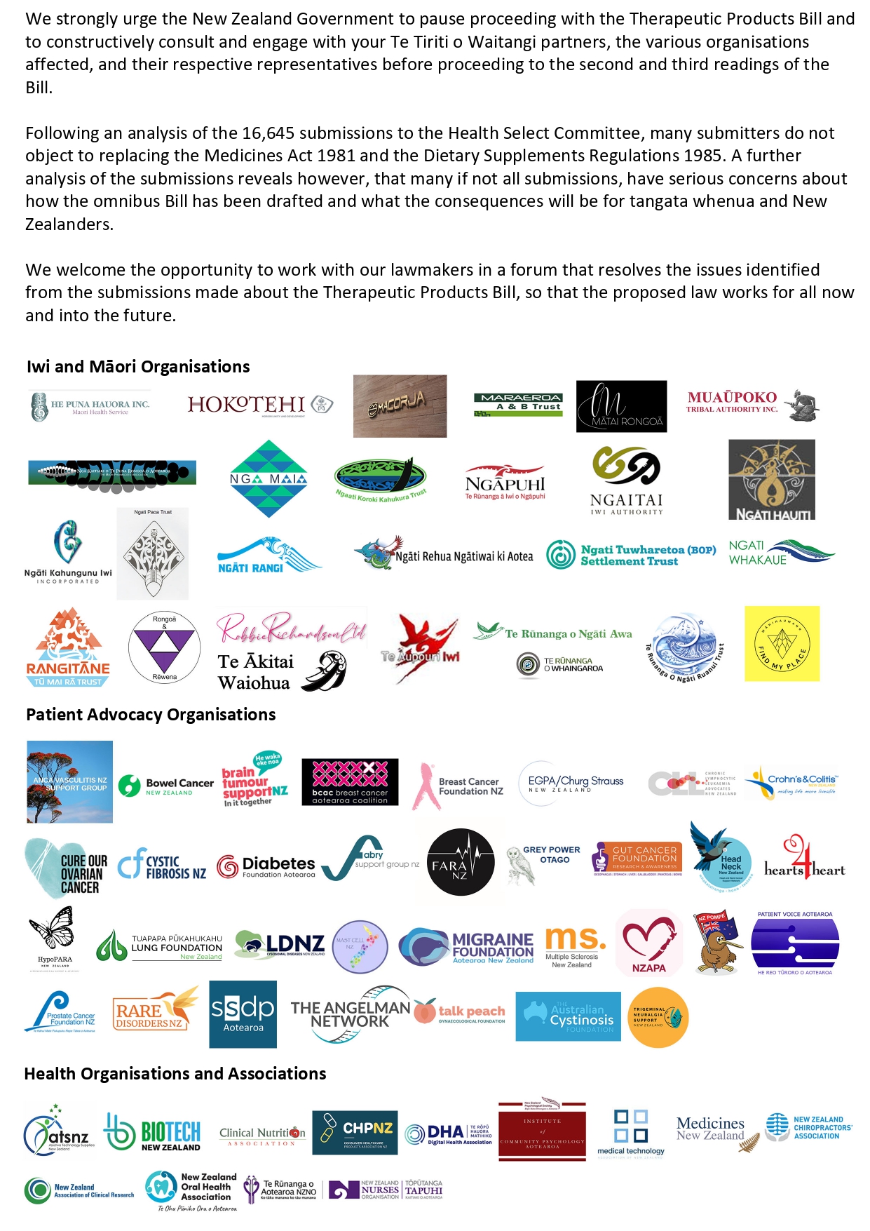 Open letter Therapeutic Products Bill